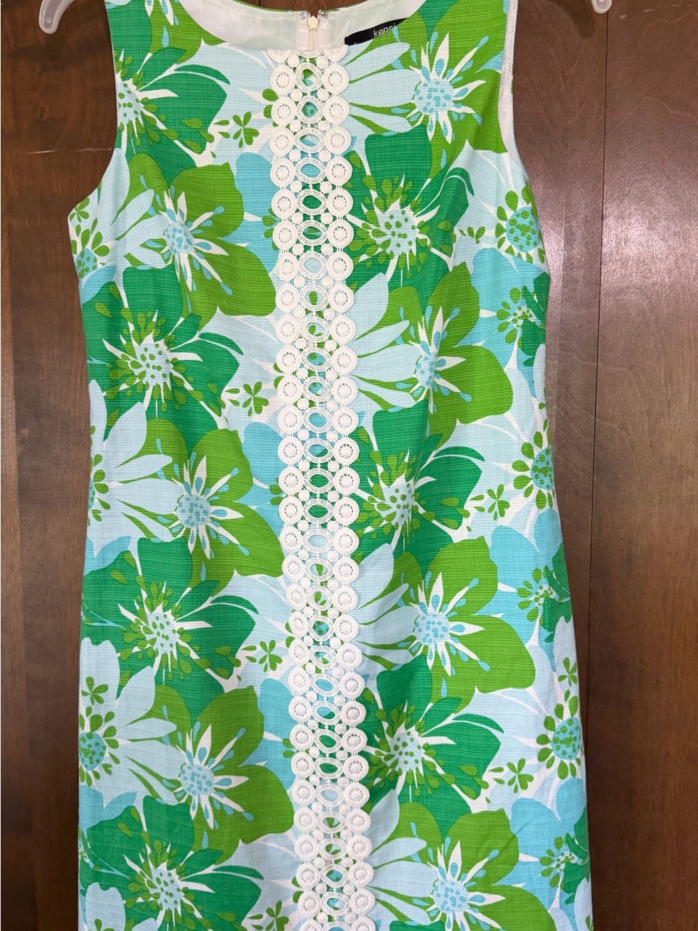 Light Green & Aqua Floral Dress with White Lace Trim Lilly Pulitzer Style Shift